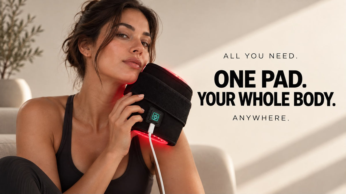 Woman holding the QIORAH light therapy wrap to her shoulder: One pad. Your whole body. Anywhere.