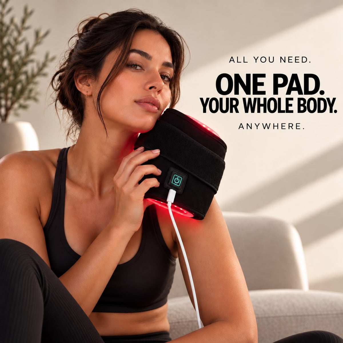 Woman holding the QIORAH light therapy wrap to her shoulder: One pad. Your whole body. Anywhere.